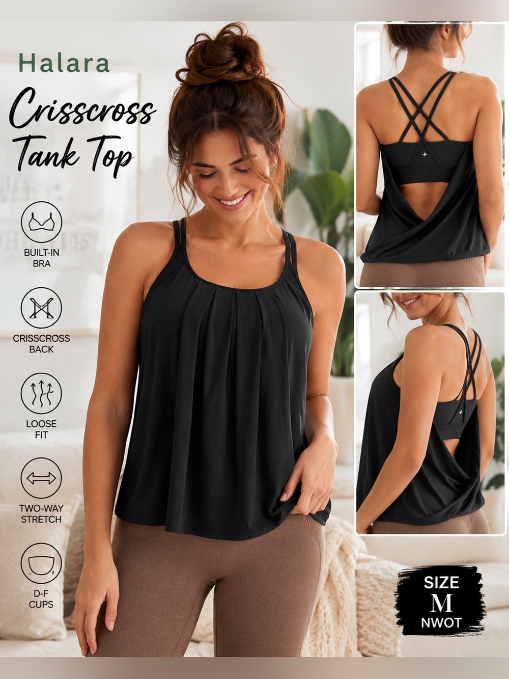 Halara Crisscross Back Crossover Cutout Built-In Bra Tank Top Black M NWOT